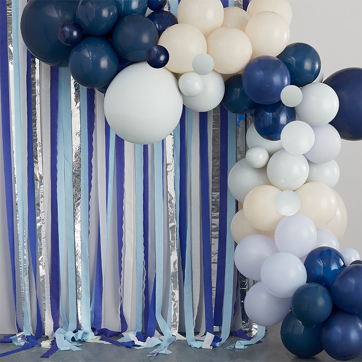 Blue, Cream & Silver Streamer & Balloon Backdrop