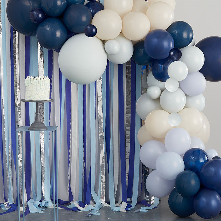 Blue, Cream & Silver Streamer & Balloon Backdrop